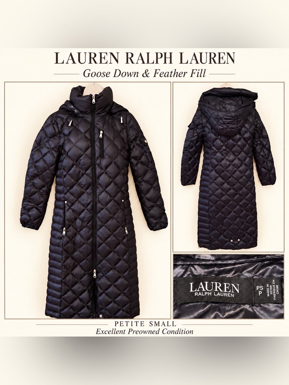 Lauren Ralph Lauren Goose Down Quilted Hooded Coat Black Petite Small